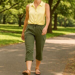 Emily Daniels Womens Cargo Capri Pants Large Olive Green Sretch Tie Waist